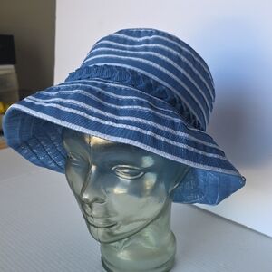 Sun And Sand Stylish Blue & White Striped Bucket Sun Hat with Braided Blue Band